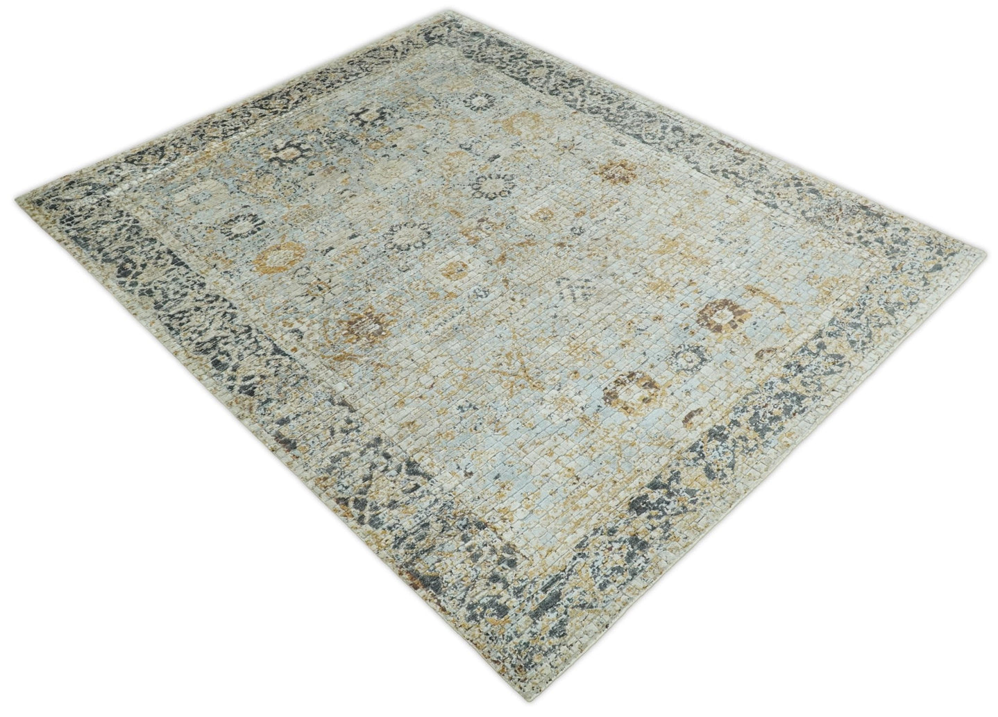 8x10 Fine Hand Knotted Blue and Gold Traditional Abstract Mosaic Turkish Style Bamboo Silk Rug | TRD35957 - The Rug Decor