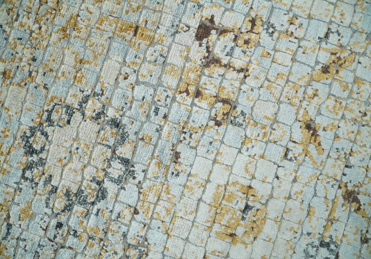 8x10 Fine Hand Knotted Blue and Gold Traditional Abstract Mosaic Turkish Style Bamboo Silk Rug | TRD35957 - The Rug Decor