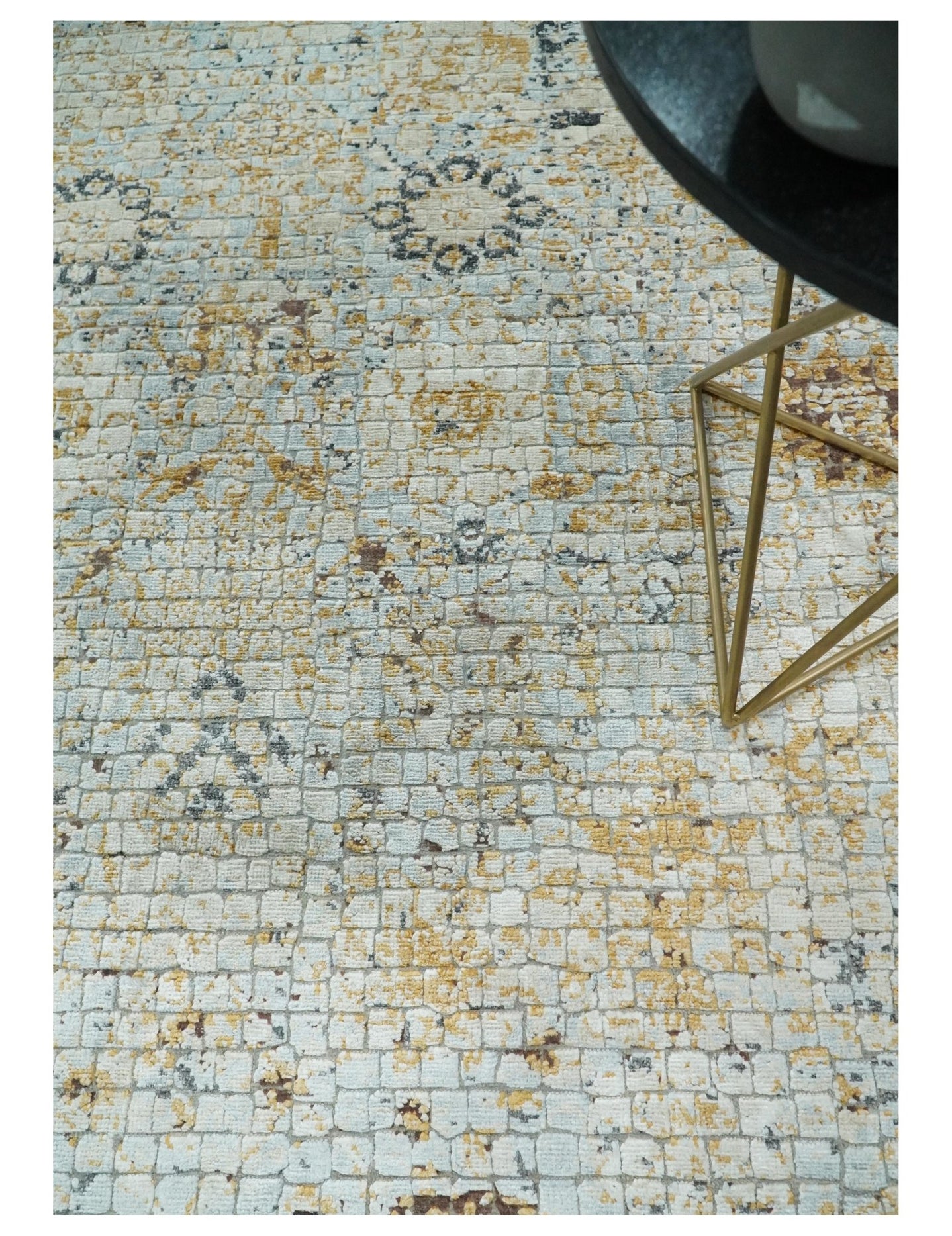 8x10 Fine Hand Knotted Blue and Gold Traditional Abstract Mosaic Turkish Style Bamboo Silk Rug | TRD35957 - The Rug Decor