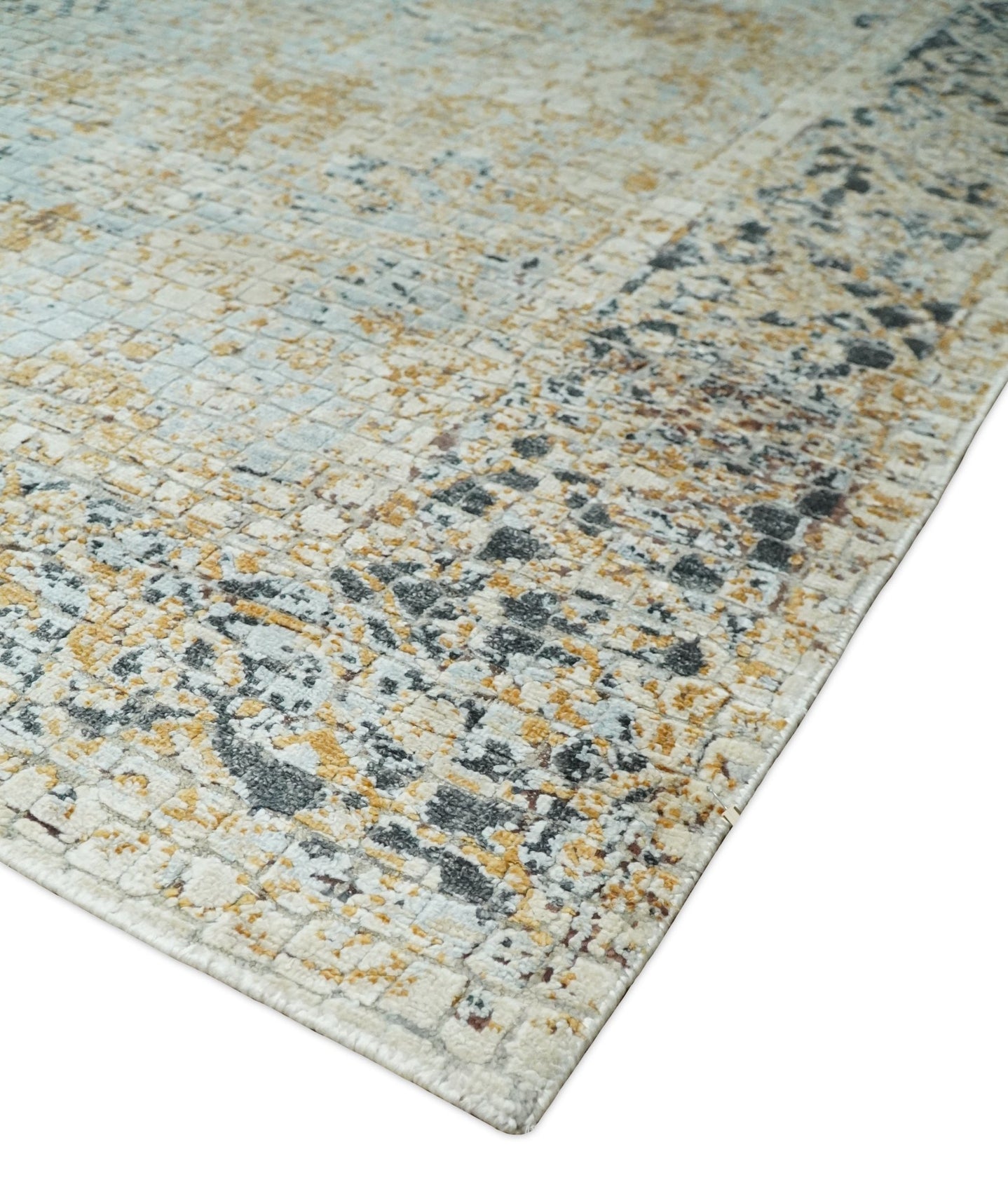 8x10 Fine Hand Knotted Blue and Gold Traditional Abstract Mosaic Turkish Style Bamboo Silk Rug | TRD35957 - The Rug Decor