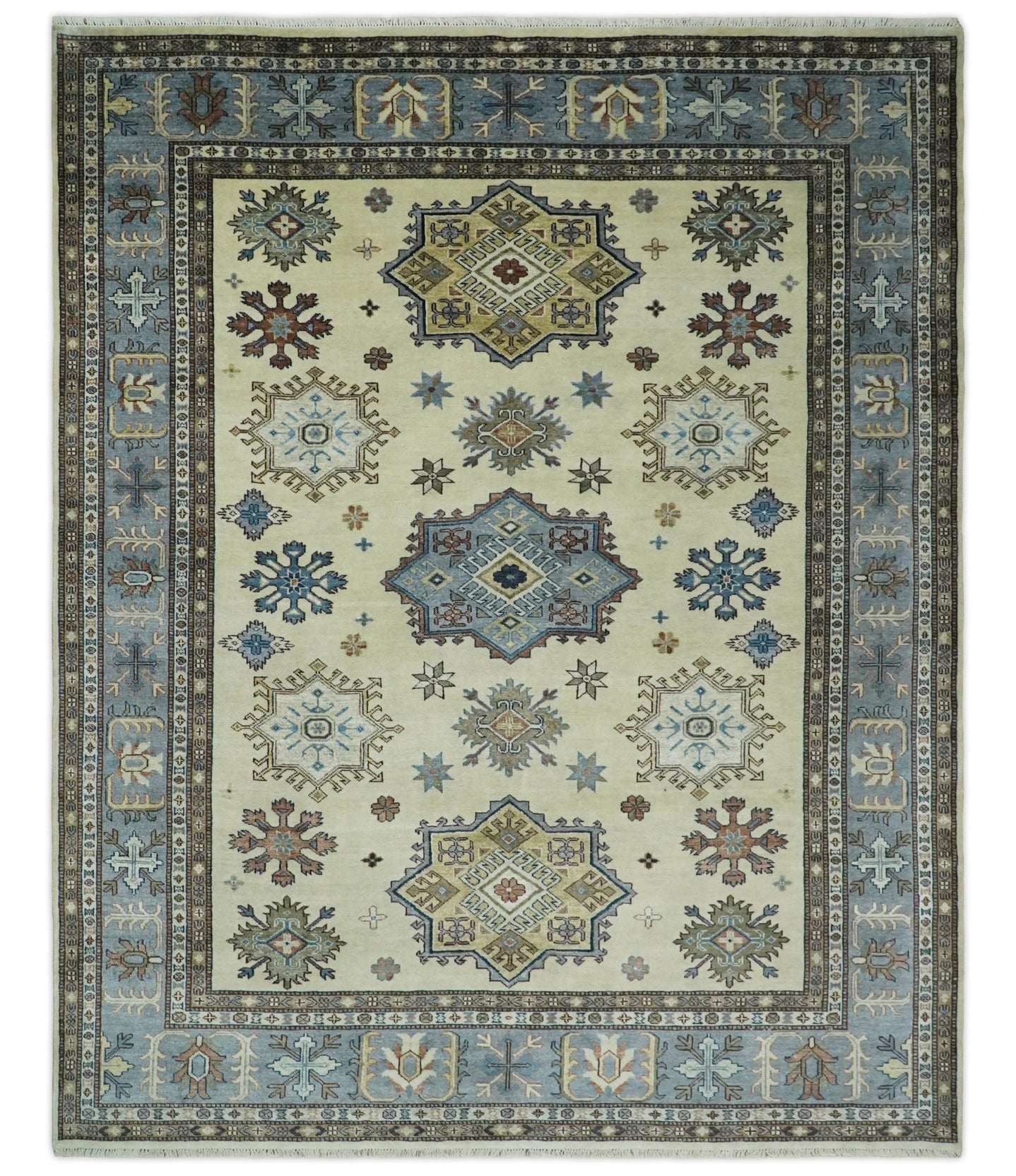8x10 Fine Hand Knotted Blue and Ivory Traditional Vintage Persian Style Antique Wool and Silk Rug | TRDCP510810 - The Rug Decor