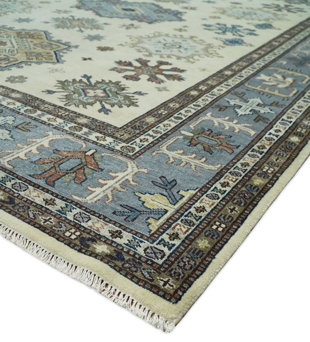 8x10 Fine Hand Knotted Blue and Ivory Traditional Vintage Persian Style Antique Wool and Silk Rug | TRDCP510810 - The Rug Decor