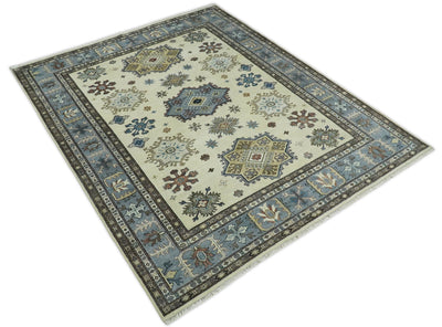 8x10 Fine Hand Knotted Blue and Ivory Traditional Vintage Persian Style Antique Wool and Silk Rug | TRDCP510810 - The Rug Decor