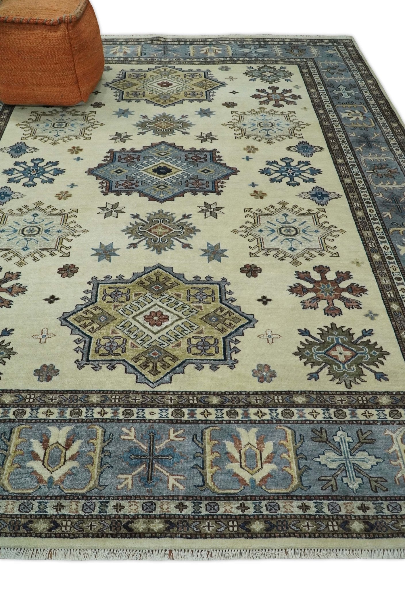 8x10 Fine Hand Knotted Blue and Ivory Traditional Vintage Persian Style Antique Wool and Silk Rug | TRDCP510810 - The Rug Decor