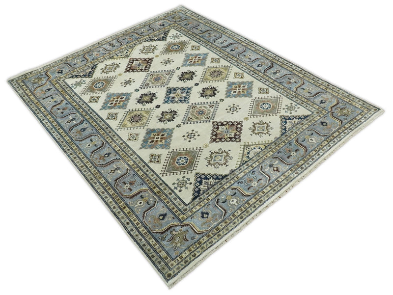 8x10 Fine Hand Knotted Blue and Ivory Traditional Vintage Persian Style Antique Wool and Silk Rug | TRDCP511810 - The Rug Decor