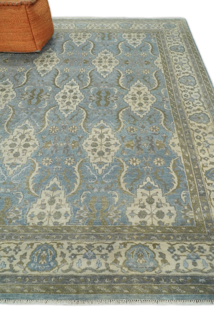 8x10 Fine Hand Knotted Blue and Ivory Traditional Vintage Persian Style Antique Wool Rug | TRDCP462810 - The Rug Decor