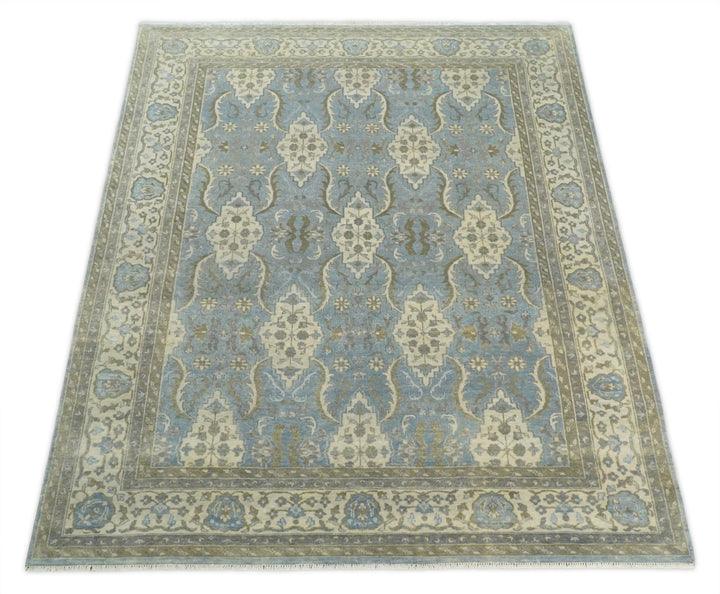 8x10 Fine Hand Knotted Blue and Ivory Traditional Vintage Persian Style Antique Wool Rug | TRDCP462810 - The Rug Decor