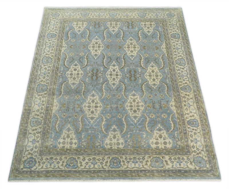 8x10 Fine Hand Knotted Blue and Ivory Traditional Vintage Persian Style Antique Wool Rug | TRDCP462810 - The Rug Decor
