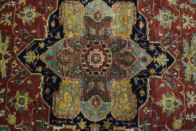 8x10 Fine Hand Knotted Blue and Red Traditional Vintage Heriz Serapi Antique Wool Rug | TRDCP459810 - The Rug Decor