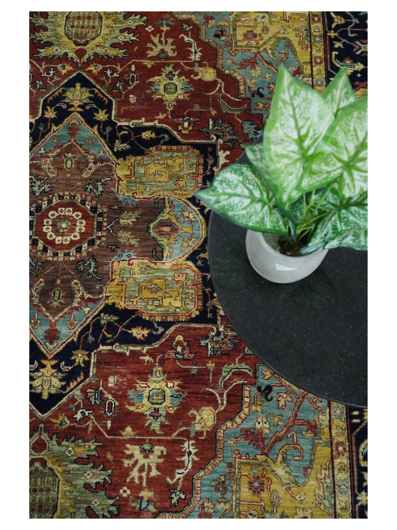 8x10 Fine Hand Knotted Blue and Red Traditional Vintage Heriz Serapi Antique Wool Rug | TRDCP459810 - The Rug Decor