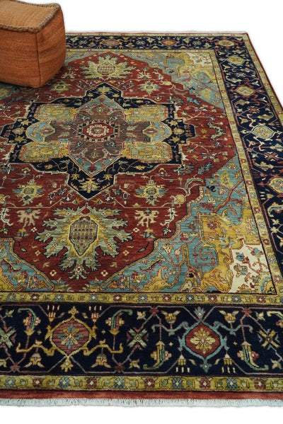 8x10 Fine Hand Knotted Blue and Red Traditional Vintage Heriz Serapi Antique Wool Rug | TRDCP459810 - The Rug Decor