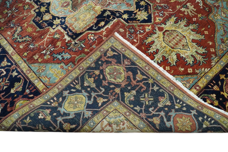 8x10 Fine Hand Knotted Blue and Red Traditional Vintage Heriz Serapi Antique Wool Rug | TRDCP459810 - The Rug Decor