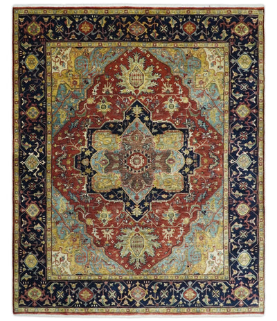 8x10 Fine Hand Knotted Blue and Red Traditional Vintage Heriz Serapi Antique Wool Rug | TRDCP459810 - The Rug Decor