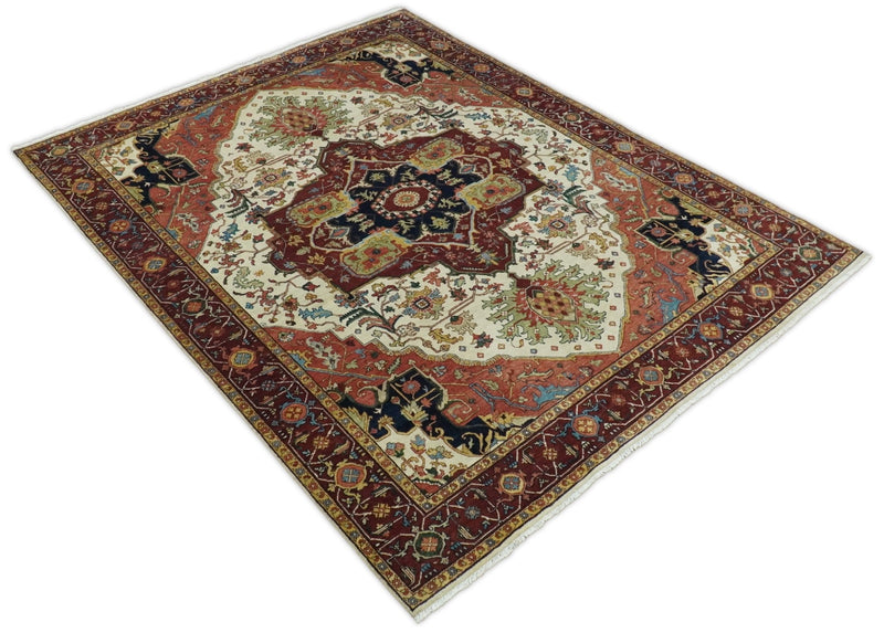 8x10 Fine Hand Knotted Blue and Rust Traditional Vintage Heriz Serapi Antique Wool Rug | TRDCP460810 - The Rug Decor