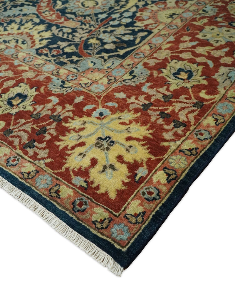 8x10 Fine Hand Knotted Blue and Rust Traditional Vintage Persian Style Malayar Antique Wool Rug | TRDCP440810 - The Rug Decor