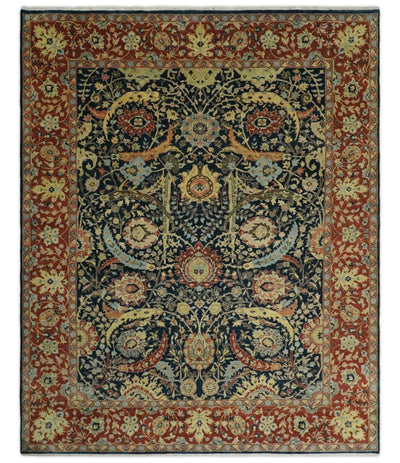 8x10 Fine Hand Knotted Blue and Rust Traditional Vintage Persian Style Malayar Antique Wool Rug | TRDCP440810 - The Rug Decor