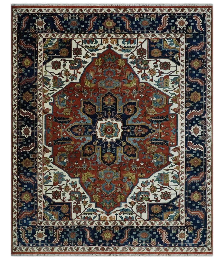 8x10 Fine Hand Knotted Blue, Brown and Ivory Traditional wool Area Rug - The Rug Decor