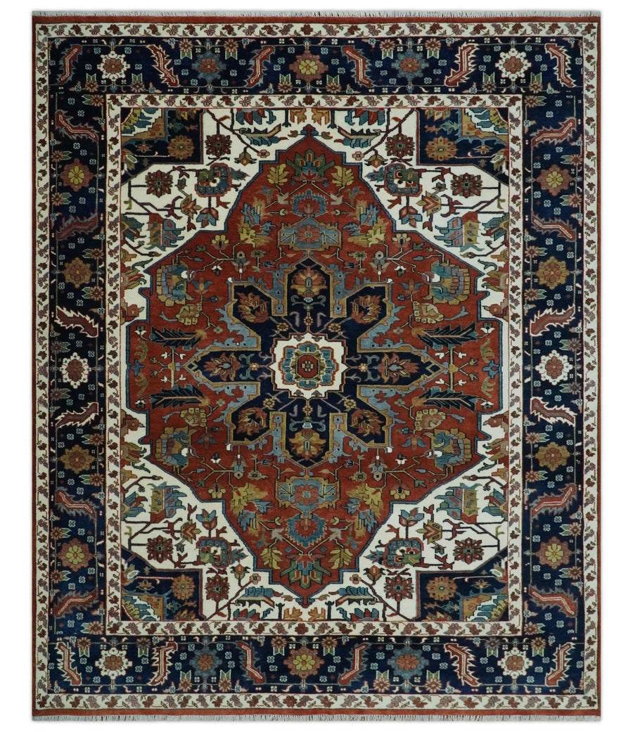 8x10 Fine Hand Knotted Blue, Brown and Ivory Traditional wool Area Rug - The Rug Decor