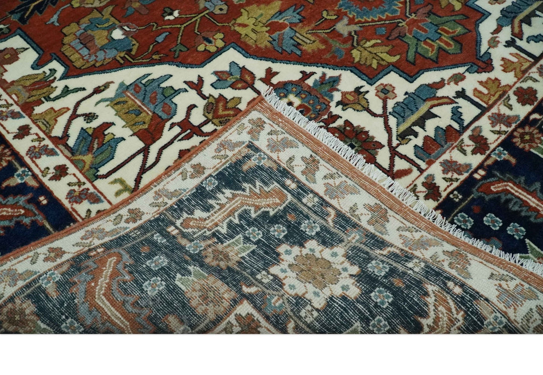 8x10 Fine Hand Knotted Blue, Brown and Ivory Traditional wool Area Rug - The Rug Decor