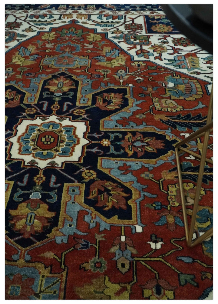 8x10 Fine Hand Knotted Blue, Brown and Ivory Traditional wool Area Rug - The Rug Decor