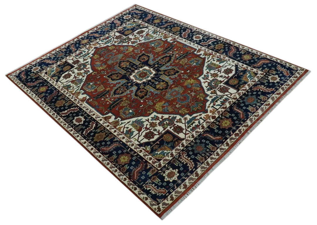 8x10 Fine Hand Knotted Blue, Brown and Ivory Traditional wool Area Rug - The Rug Decor
