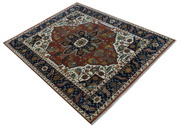 8x10 Fine Hand Knotted Blue, Brown and Ivory Traditional wool Area Rug - The Rug Decor