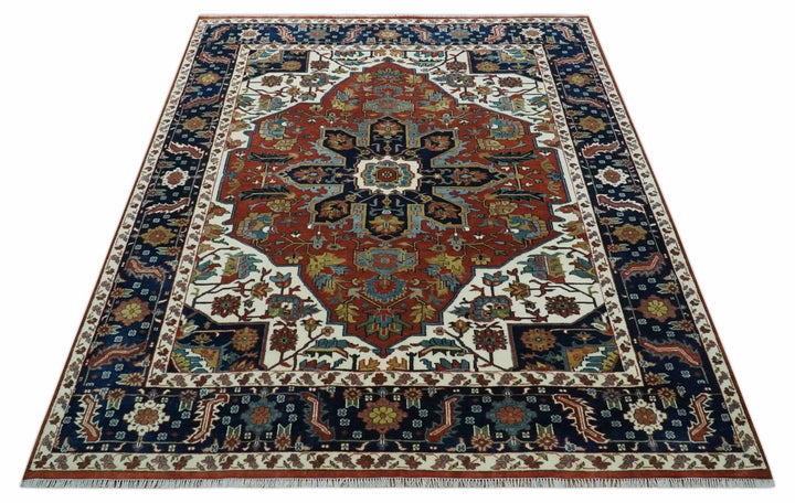 8x10 Fine Hand Knotted Blue, Brown and Ivory Traditional wool Area Rug - The Rug Decor