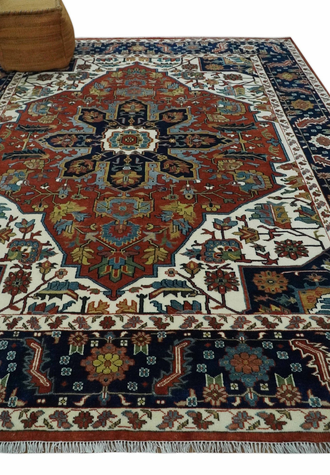 8x10 Fine Hand Knotted Blue, Brown and Ivory Traditional wool Area Rug - The Rug Decor