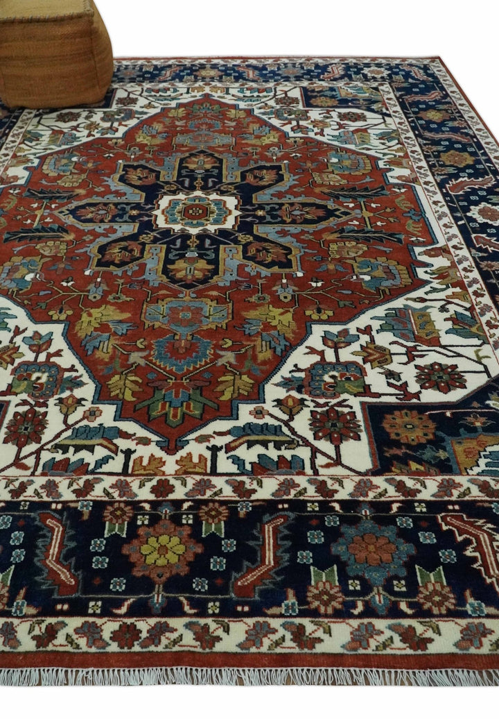 8x10 Fine Hand Knotted Blue, Brown and Ivory Traditional wool Area Rug - The Rug Decor