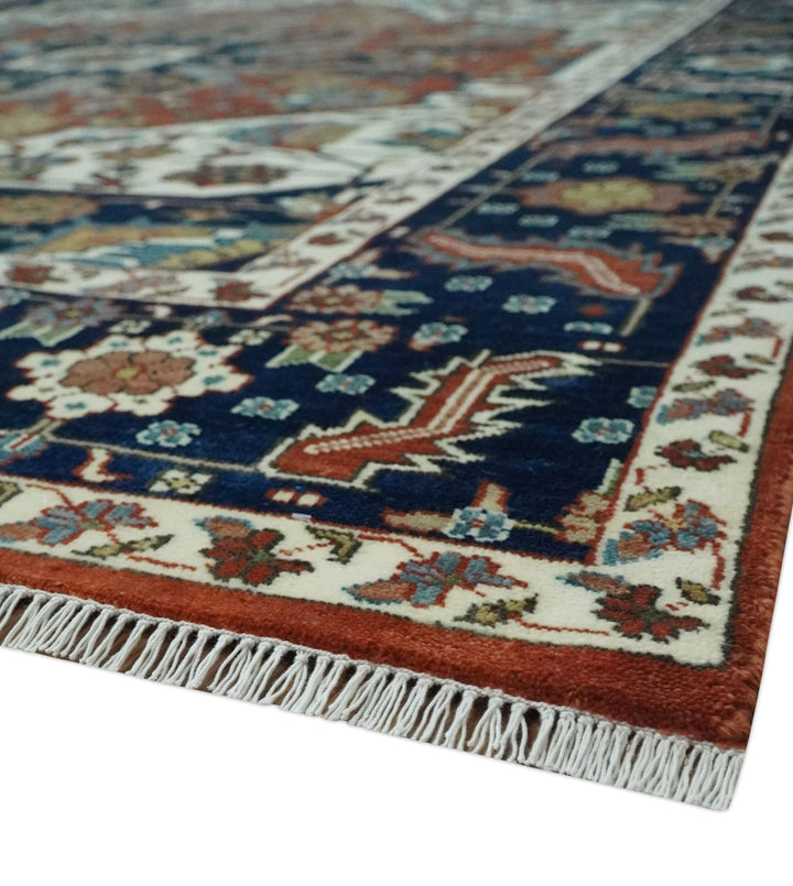 8x10 Fine Hand Knotted Blue, Brown and Ivory Traditional wool Area Rug - The Rug Decor