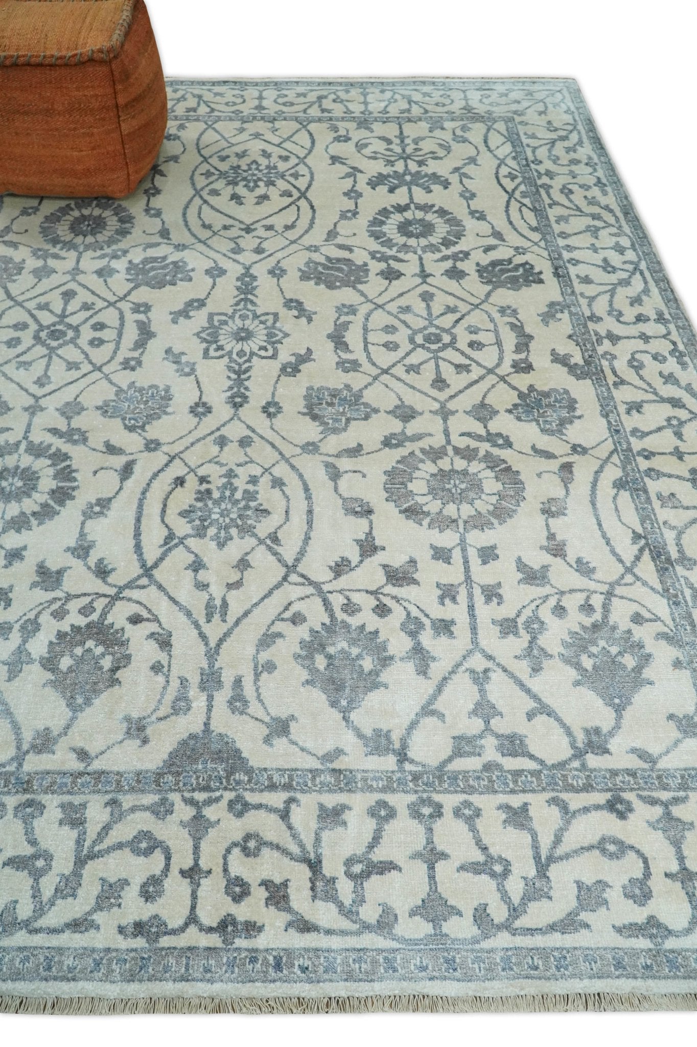 8x10 Fine Hand Knotted Blue, Gray and Brown Traditional Turkish Style Antique Bamboo Silk Rug | TRDCP503810 - The Rug Decor