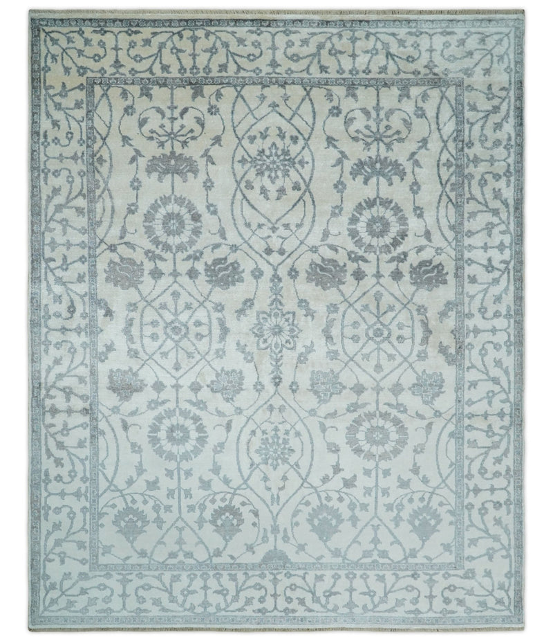 8x10 Fine Hand Knotted Blue, Gray and Brown Traditional Turkish Style Antique Bamboo Silk Rug | TRDCP503810 - The Rug Decor
