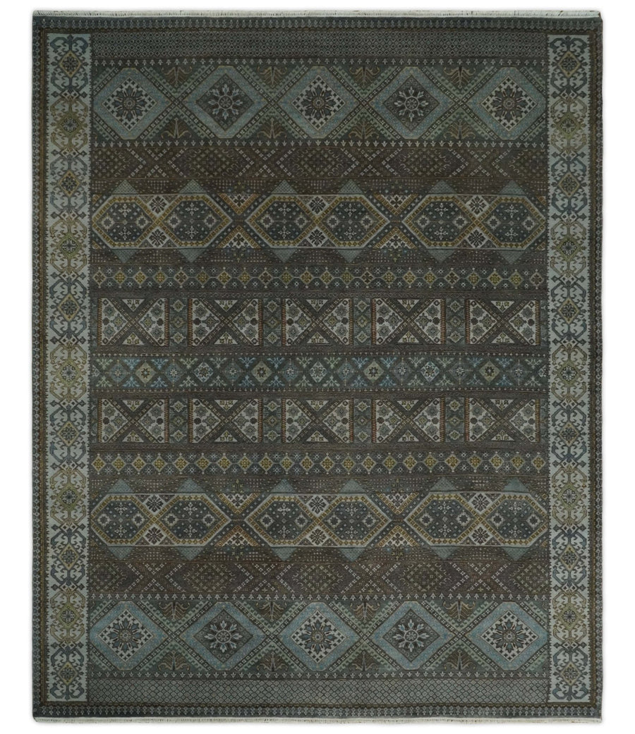 8x10 Fine Hand Knotted Brown and Blue Southwestern Traditional Antique Area Rug | AGR41 - The Rug Decor