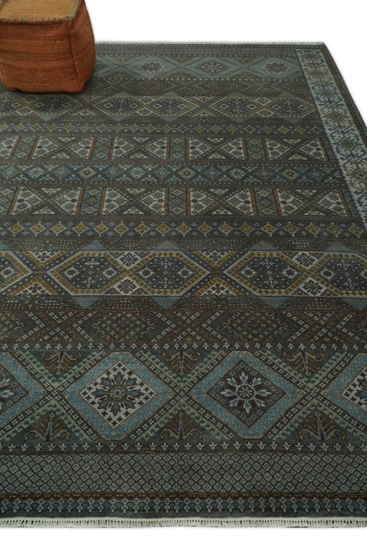 8x10 Fine Hand Knotted Brown and Blue Southwestern Traditional Antique Area Rug | AGR41 - The Rug Decor
