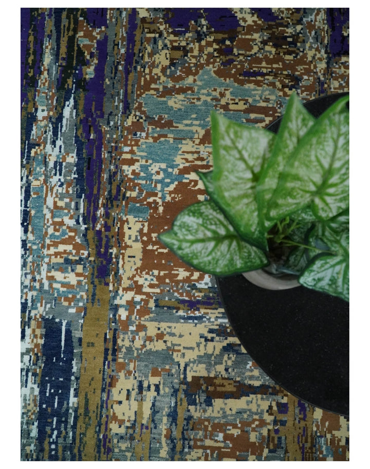 8x10 Fine Hand Knotted Brown Multicolor Modern Abstract Wool and Bamboo Silk Area Rug | AGR19 - The Rug Decor