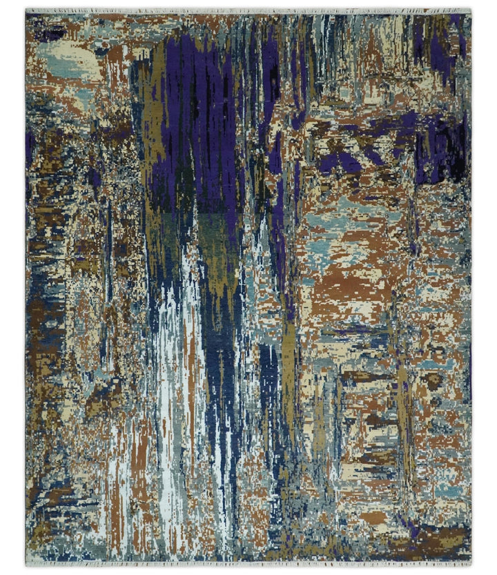 8x10 Fine Hand Knotted Brown Multicolor Modern Abstract Wool and Bamboo Silk Area Rug | AGR19 - The Rug Decor