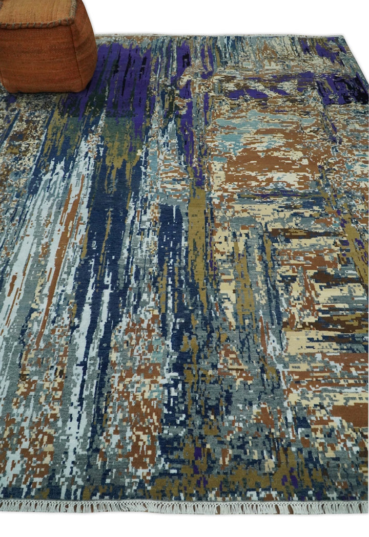 8x10 Fine Hand Knotted Brown Multicolor Modern Abstract Wool and Bamboo Silk Area Rug | AGR19 - The Rug Decor