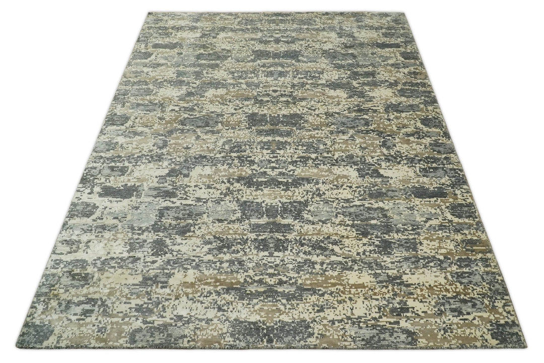 8x10 Fine Hand knotted Charcoal and Beige Traditional Abstract Persian Wool and Bamboo Silk Area Rug | TRDCP628810 - The Rug Decor