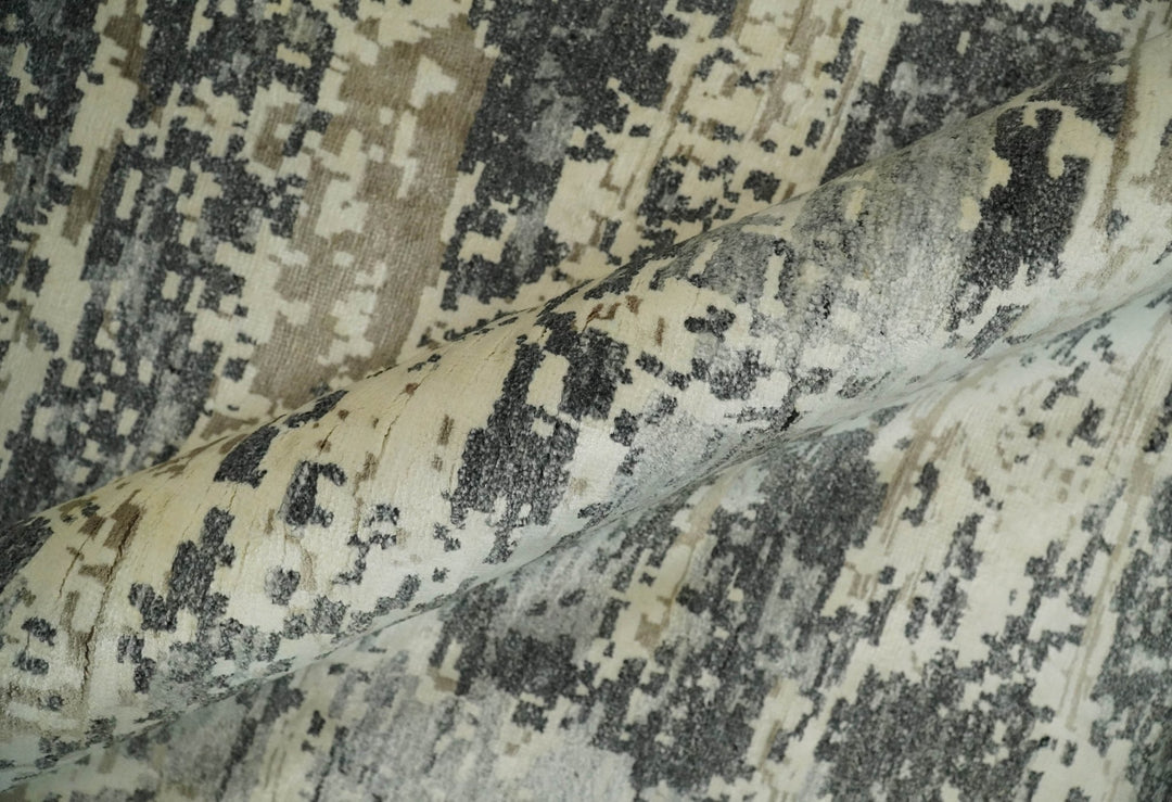 8x10 Fine Hand knotted Charcoal and Beige Traditional Abstract Persian Wool and Bamboo Silk Area Rug | TRDCP628810 - The Rug Decor