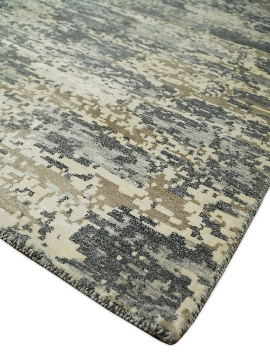 8x10 Fine Hand knotted Charcoal and Beige Traditional Abstract Persian Wool and Bamboo Silk Area Rug | TRDCP628810 - The Rug Decor