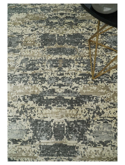 8x10 Fine Hand knotted Charcoal and Beige Traditional Abstract Persian Wool and Bamboo Silk Area Rug | TRDCP628810 - The Rug Decor