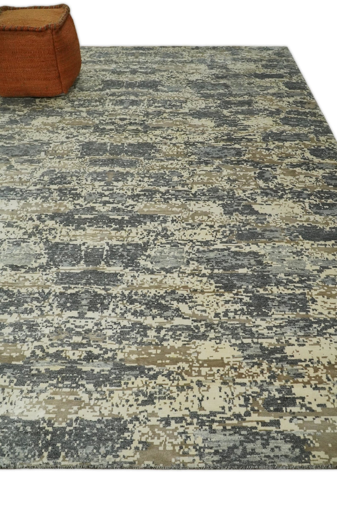 8x10 Fine Hand knotted Charcoal and Beige Traditional Abstract Persian Wool and Bamboo Silk Area Rug | TRDCP628810 - The Rug Decor