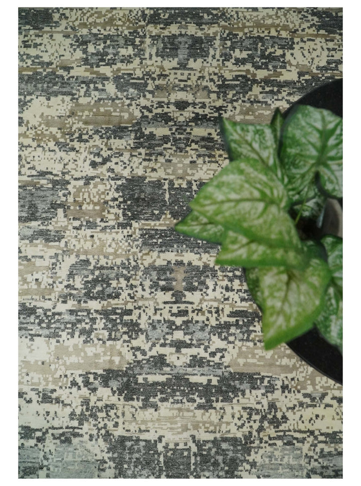 8x10 Fine Hand knotted Charcoal and Beige Traditional Abstract Persian Wool and Bamboo Silk Area Rug | TRDCP628810 - The Rug Decor