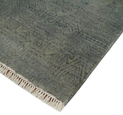 8x10 Fine Hand Knotted Charcoal and Silver Traditional Vintage Persian Style Antique Wool and Silk Rug | TRDCP665810 - The Rug Decor
