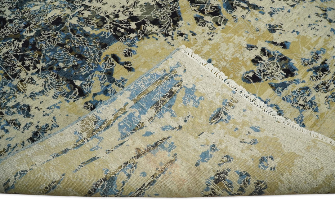 8x10 Fine Hand Knotted Charcoal, Camel and Blue Traditional Vintage Persian Style Antique Wool and Silk Rug | TRDCP703810 - The Rug Decor