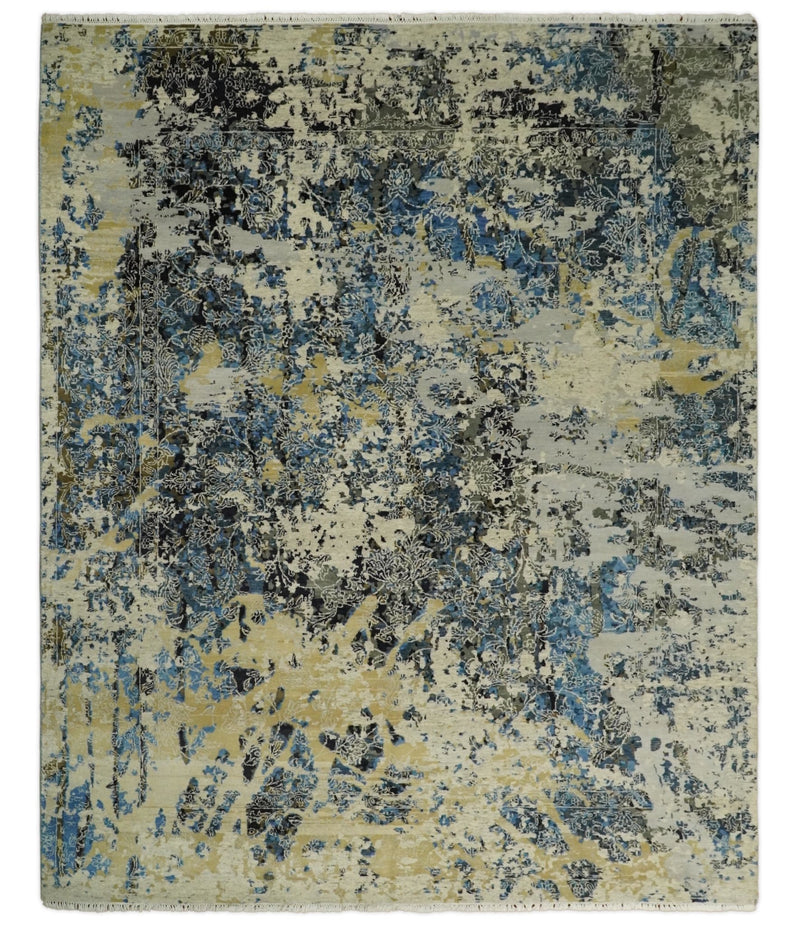8x10 Fine Hand Knotted Charcoal, Camel and Blue Traditional Vintage Persian Style Antique Wool and Silk Rug | TRDCP703810 - The Rug Decor