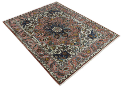8x10 Fine Hand Knotted Coral Rust and Ivory Traditional Antique Turkish Wool Rug | TRDCP549810 - The Rug Decor