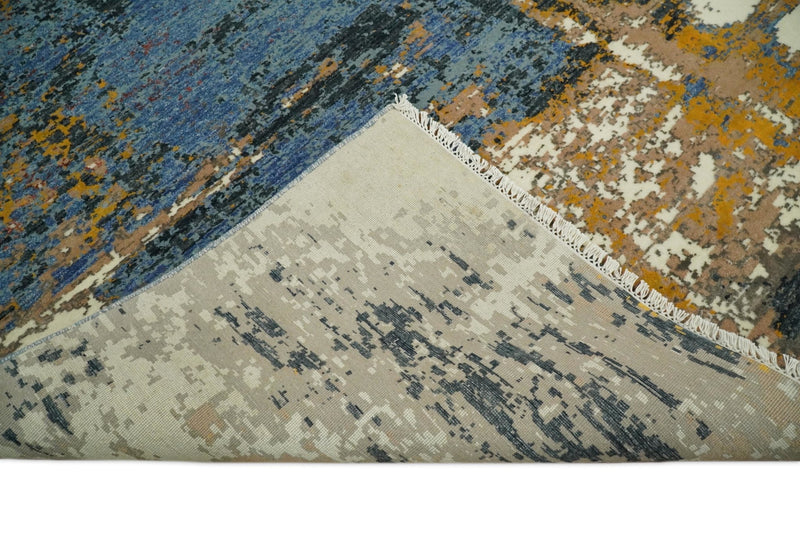 8x10 Fine Hand Knotted Ivory and Blue Modern Abstract Style Antique Wool and Silk Area Rug | TRDCP631810 - The Rug Decor