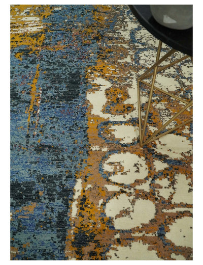 8x10 Fine Hand Knotted Ivory and Blue Modern Abstract Style Antique Wool and Silk Area Rug | TRDCP631810 - The Rug Decor