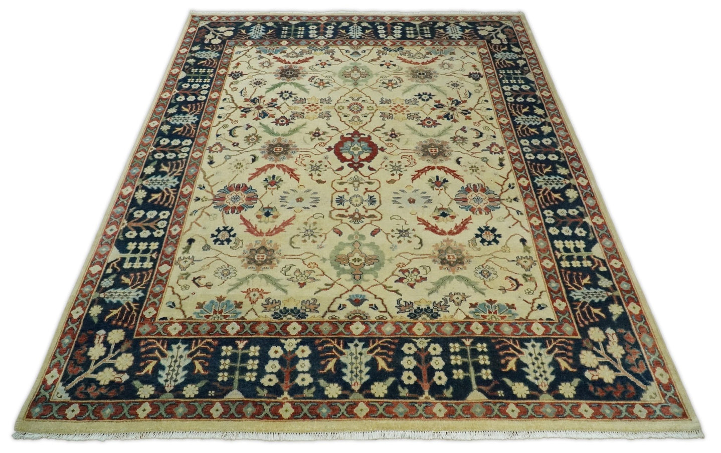 8x10 Fine Hand Knotted Ivory and Blue Traditional Vintage Persian Style Mahal Antique Wool Rug | TRDCP492810 - The Rug Decor